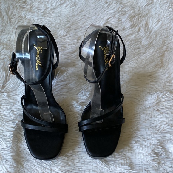 New Express sexy Straps black leather platform ankle wrap heels sandals, size 8 - Picture 5 of 9
